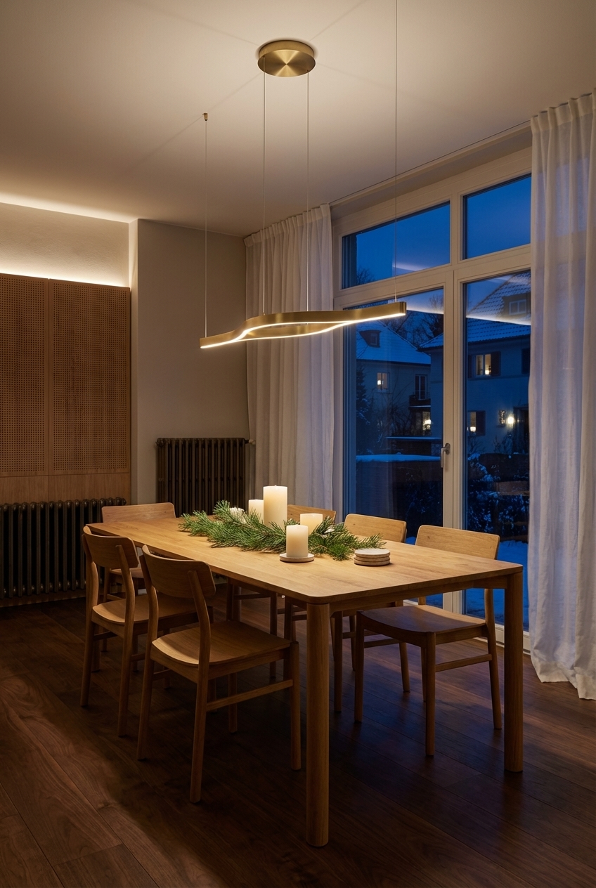 Pendelleuchte mit messingfarbener Oberfläche über Esstisch Lana aus Eiche sorgt für warmes Licht