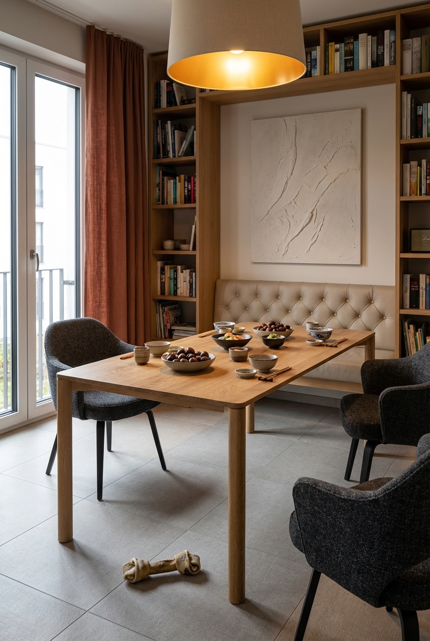 Gepolsterte Rückenlehne als Wandabschluss mit Esstisch Lana aus Eiche für mehr Komfort