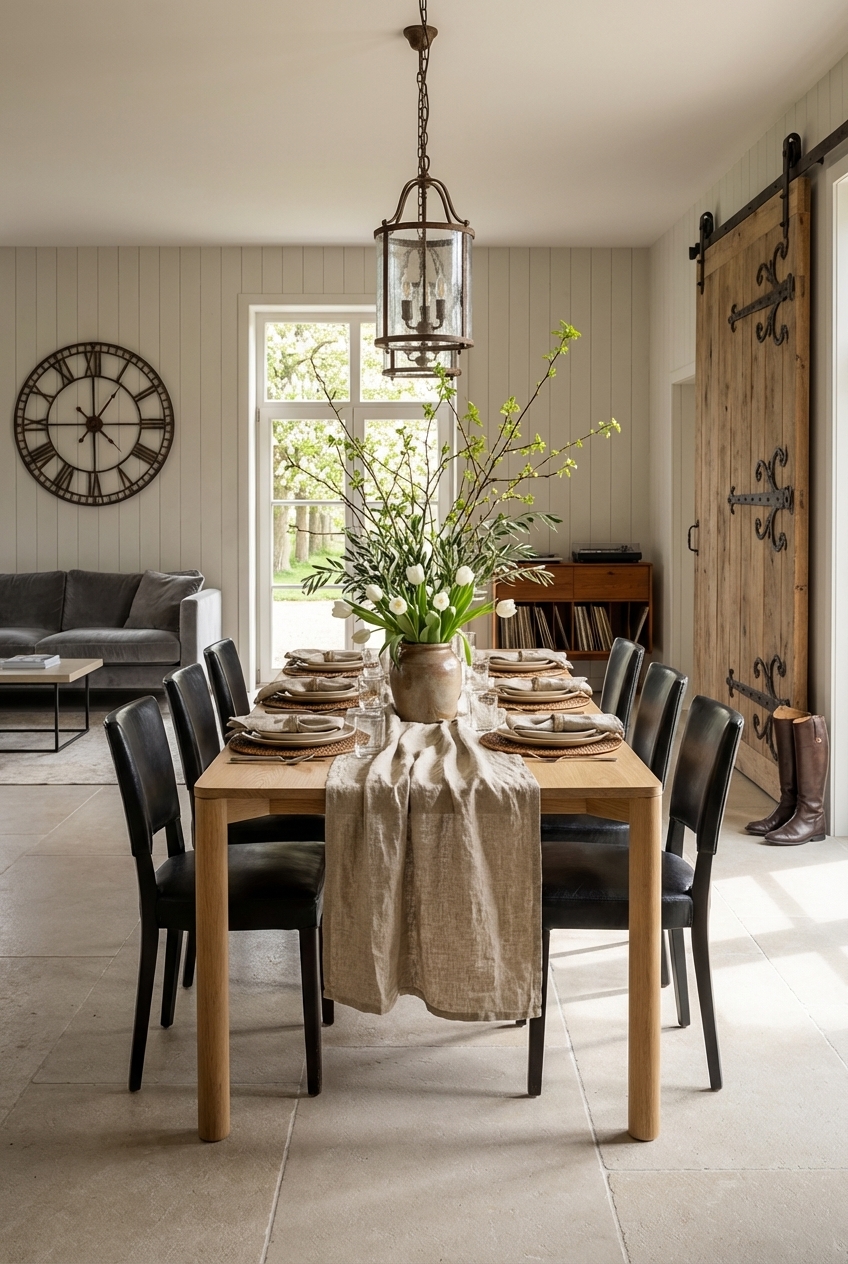 Üppiger Strauß mit grünen Zweigen und Blüten in einer Keramikvase auf dem Esstisch Lana aus Eiche