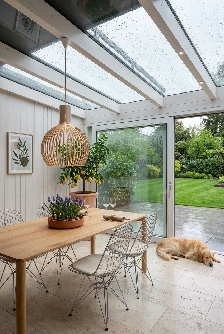 Essplatz im Wintergarten mit Eichen-Esstisch und weißen Holzpaneelen als ruhiger Hintergrund