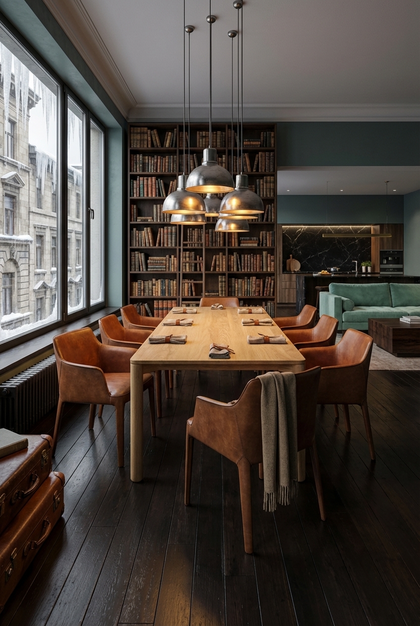 Esszimmer mit grüner Wandfarbe und dunklem Holzboden, Esstisch Lana aus Eiche in der Mitte