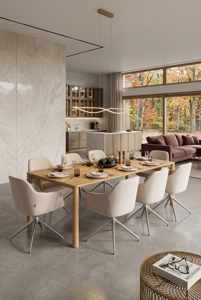 Moderne gepolsterte Drehstühle aus Metall und ein Esstisch Lana aus Eiche schaffen einen stilvollen Kontrast