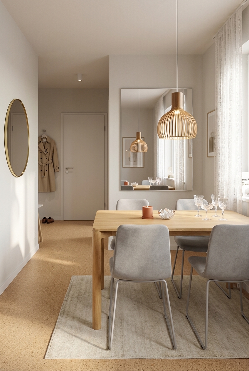 Heller Esstisch Lana aus Eiche harmoniert im kleinen Raum mit grauen Stühlen