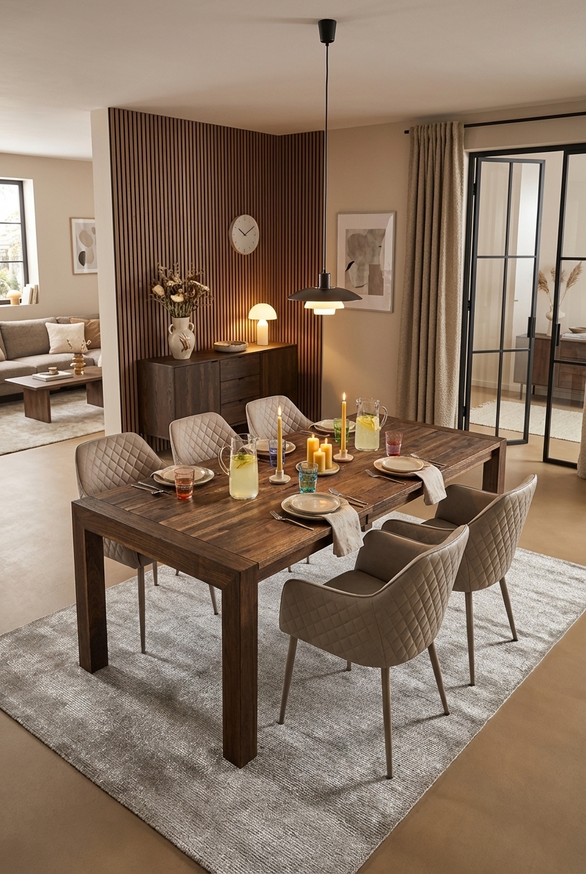 Holzpaneele als Raumteiler schaffen eine klare Abgrenzung für den Essbereich mit Esstisch Loja 2 in Nussbaum.