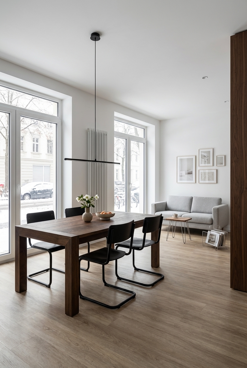 Essbereich mit gerahmten Bildern an der Wand neben dem Esstisch Loja 2 aus Nussbaum