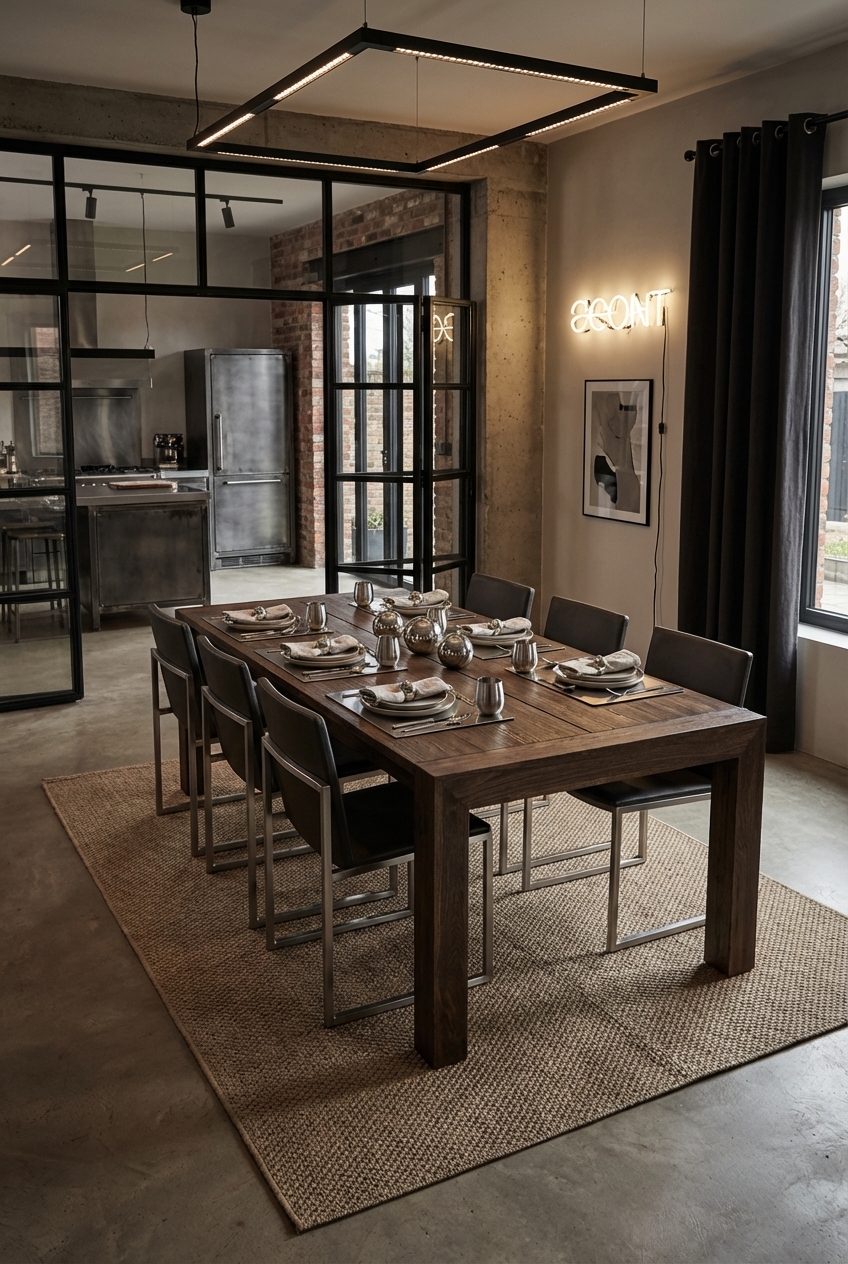 Essbereich mit grob gewebtem Naturteppich und Esstisch Loja 2 aus Nussbaum