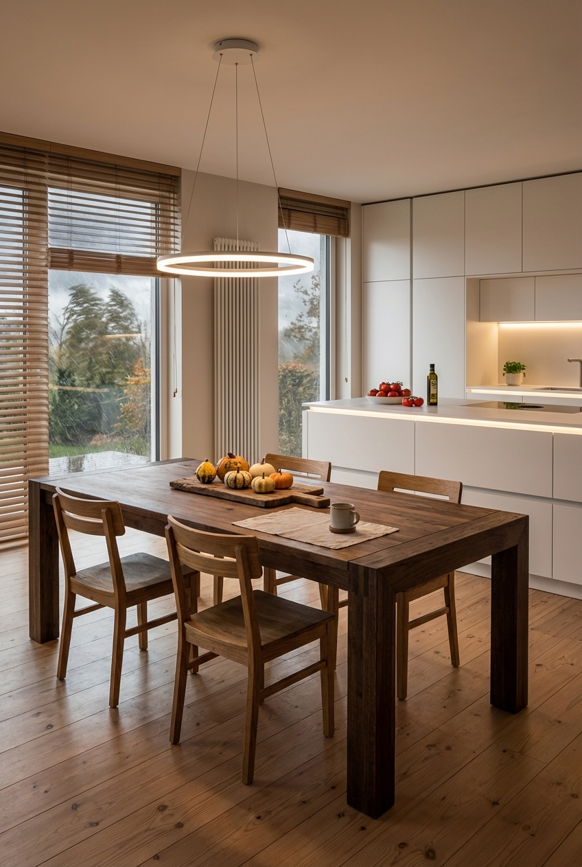 Ein Esstisch aus Nussbaum mit warmer Maserung ergänzt die helle, offene Küche.