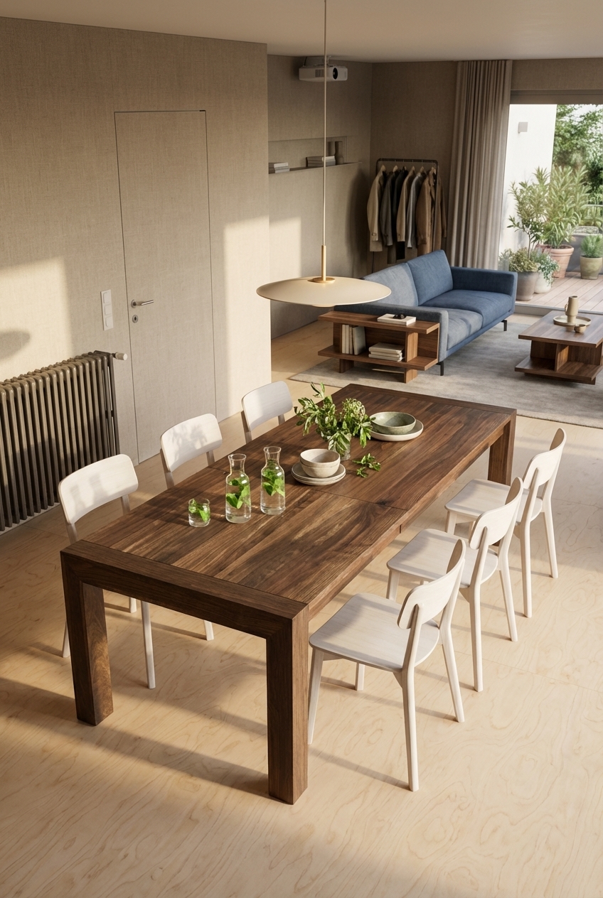 Ein heller Holzboden hebt den Esstisch Loja 2 aus Nussbaum stilvoll hervor