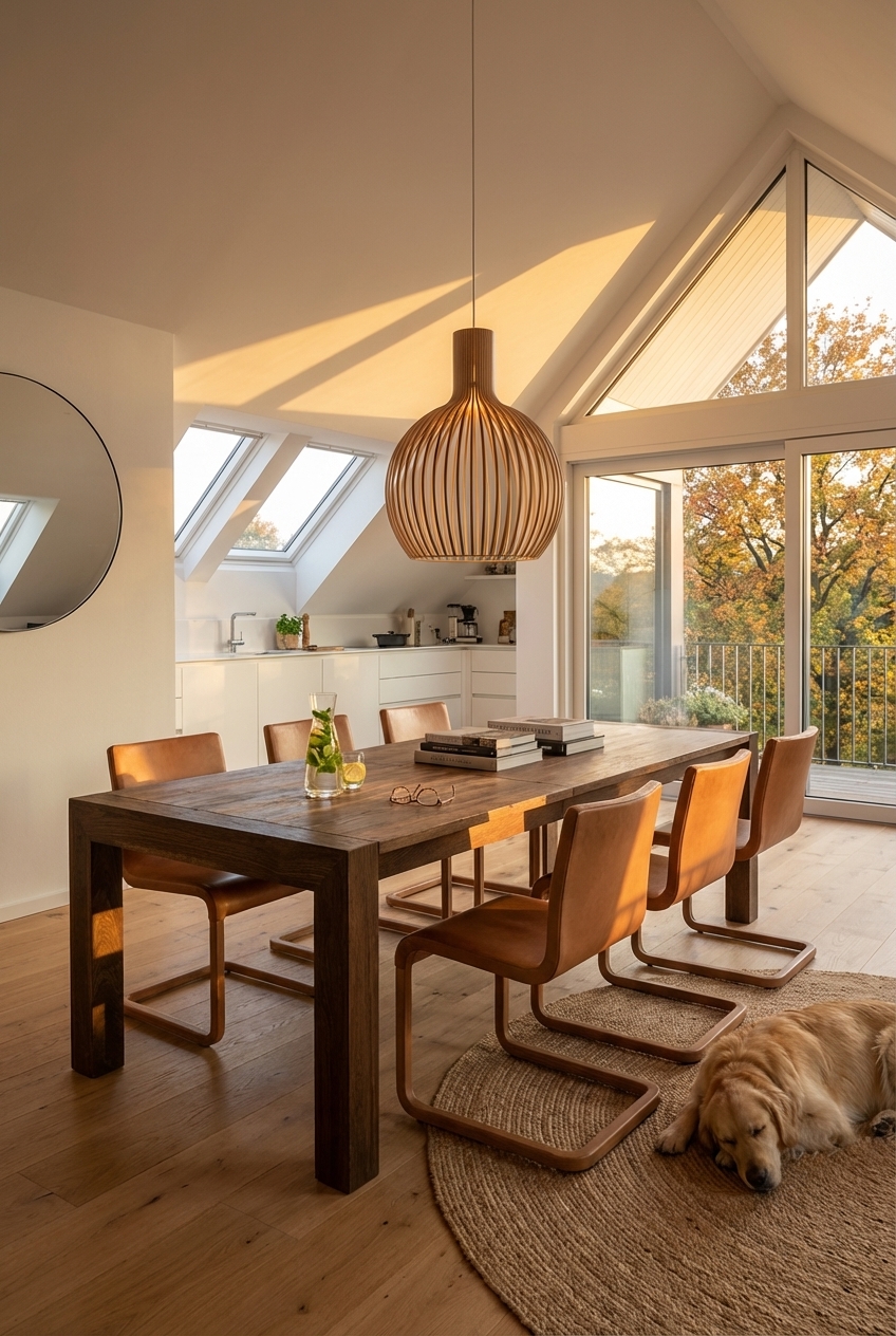 Essbereich unter einer Dachschräge mit Esstisch Loja 2 aus Nussbaum, harmonische Holztöne verbinden Küche und Essplatz