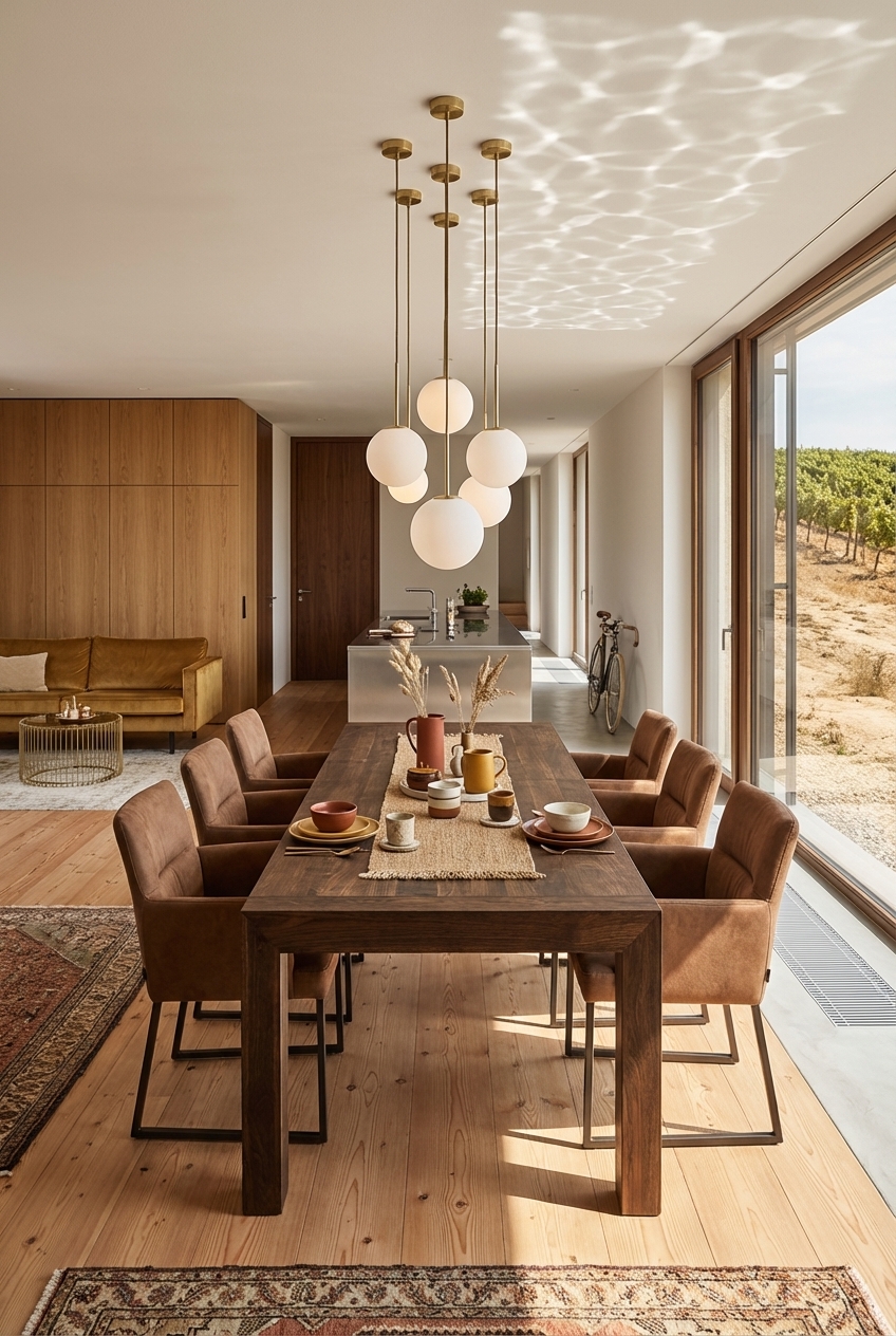 Handgemachte Keramikschalen und Vasen in Terrakotta, Senfgelb und mattem Weiß auf einem dunklen Esszimmertisch aus Nussbaum