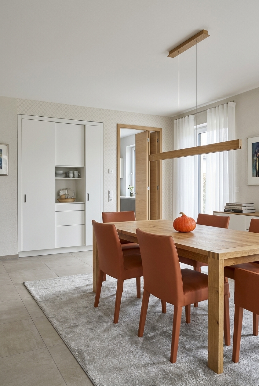 Esszimmer mit flachem Wandschrank und Schiebetüren für Geschirr und Esstisch Loja aus Wildeiche