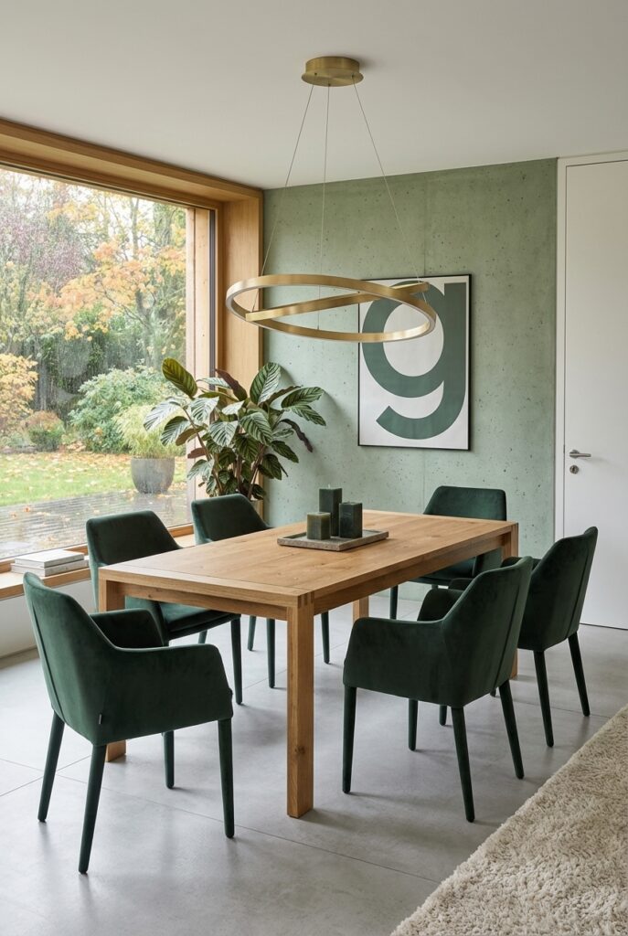 Grüne Samtstühle und eine goldene Pendelleuchte über einem hellen Esstisch aus Wildeiche schaffen eine harmonische Atmosphäre.