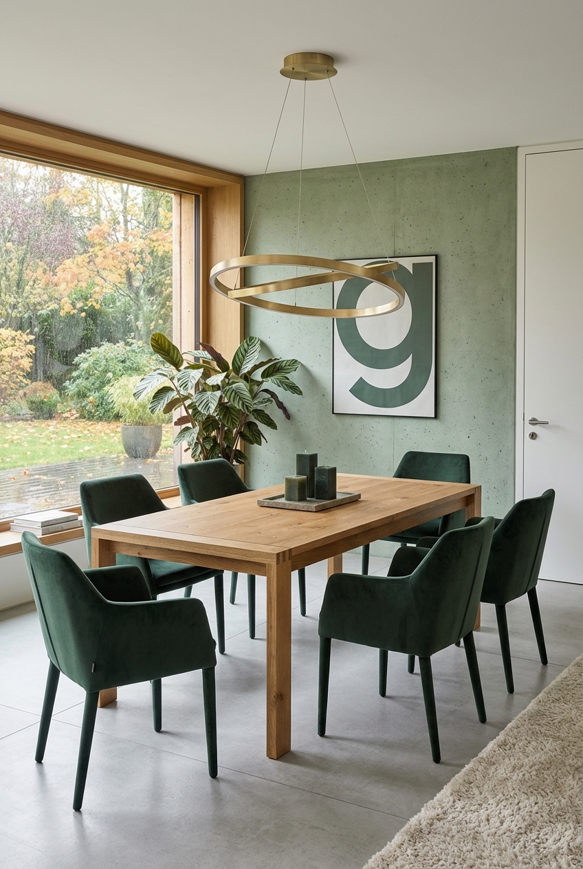 Grüne Samtstühle und eine goldene Pendelleuchte über einem hellen Esstisch aus Wildeiche schaffen eine harmonische Atmosphäre.