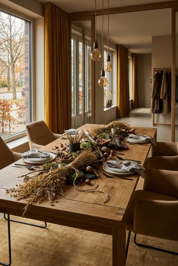 Flache Getreidebündel mit Moos, Nüssen und Zweigen auf Esstisch Loja