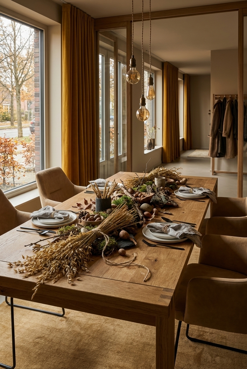 Flache Getreidebündel mit Moos, Nüssen und Zweigen auf Esstisch Loja