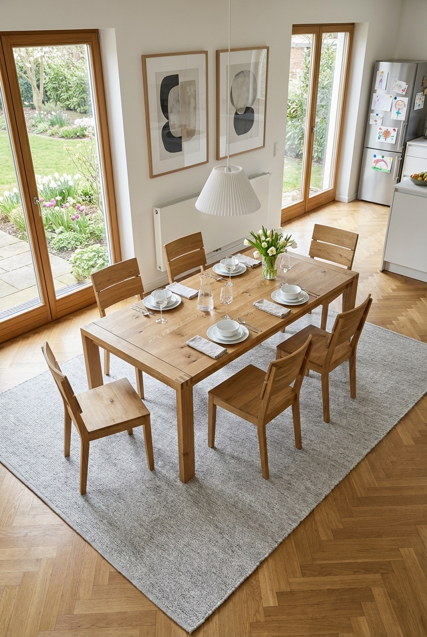 Melierter Teppich in Grau- und Weißtönen unter dem Esstisch Loja aus Wildeiche, der einen harmonischen Kontrast bietet.