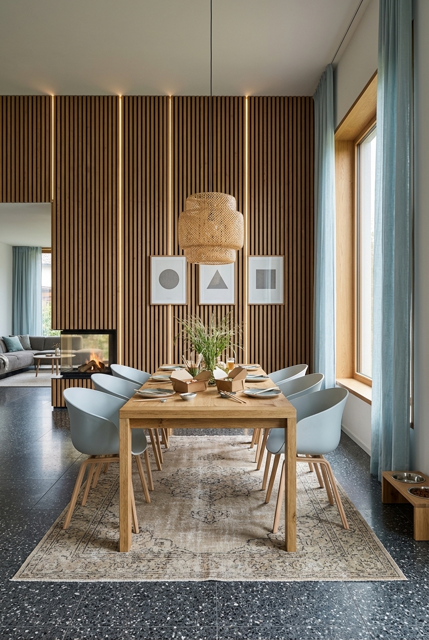 Gerahmte Bilder auf Holzpaneelen schaffen einen harmonischen Blickfang über dem Esstisch Loja aus Wildeiche.