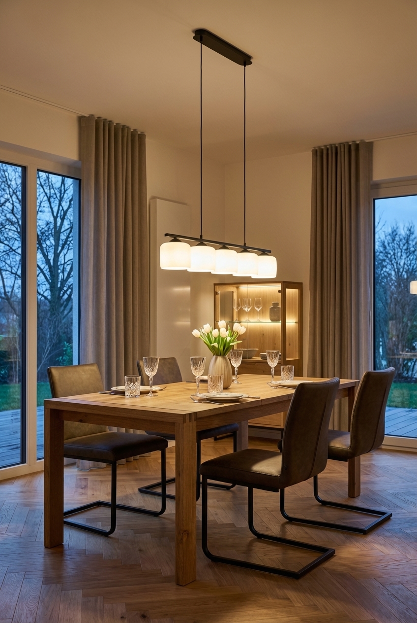 Dunkle, bodenlange Vorhänge umrahmen den Esstisch Loja und reflektieren das Licht.