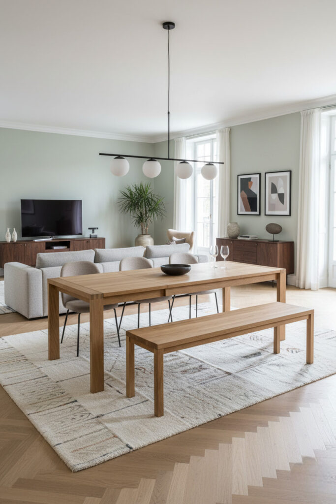Schmale Massivholz-Sitzbank in modern reduzierter Optik im Esszimmer