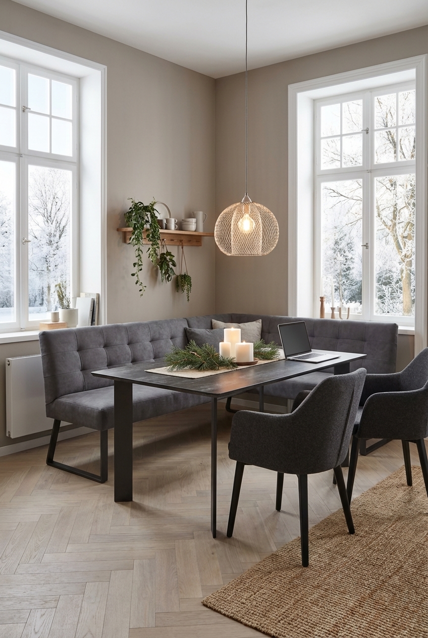 Offenes Holzregal über einer Eckbank schafft ländlichen Charme und harmoniert mit Tisch Modena