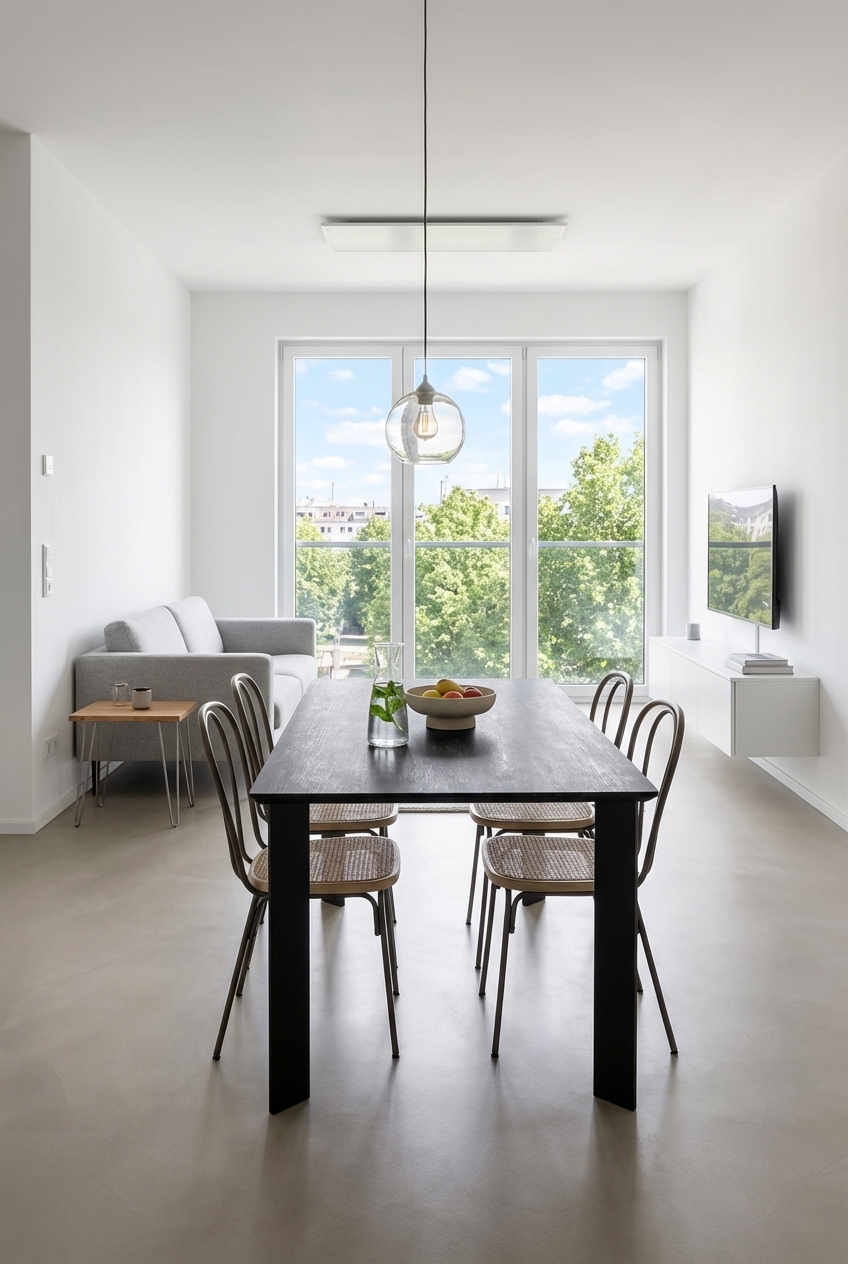 Kleines Wohnzimmer mit niedrigem Sofa und Esstisch Modena aus Keramik für luftigen Raumfluss