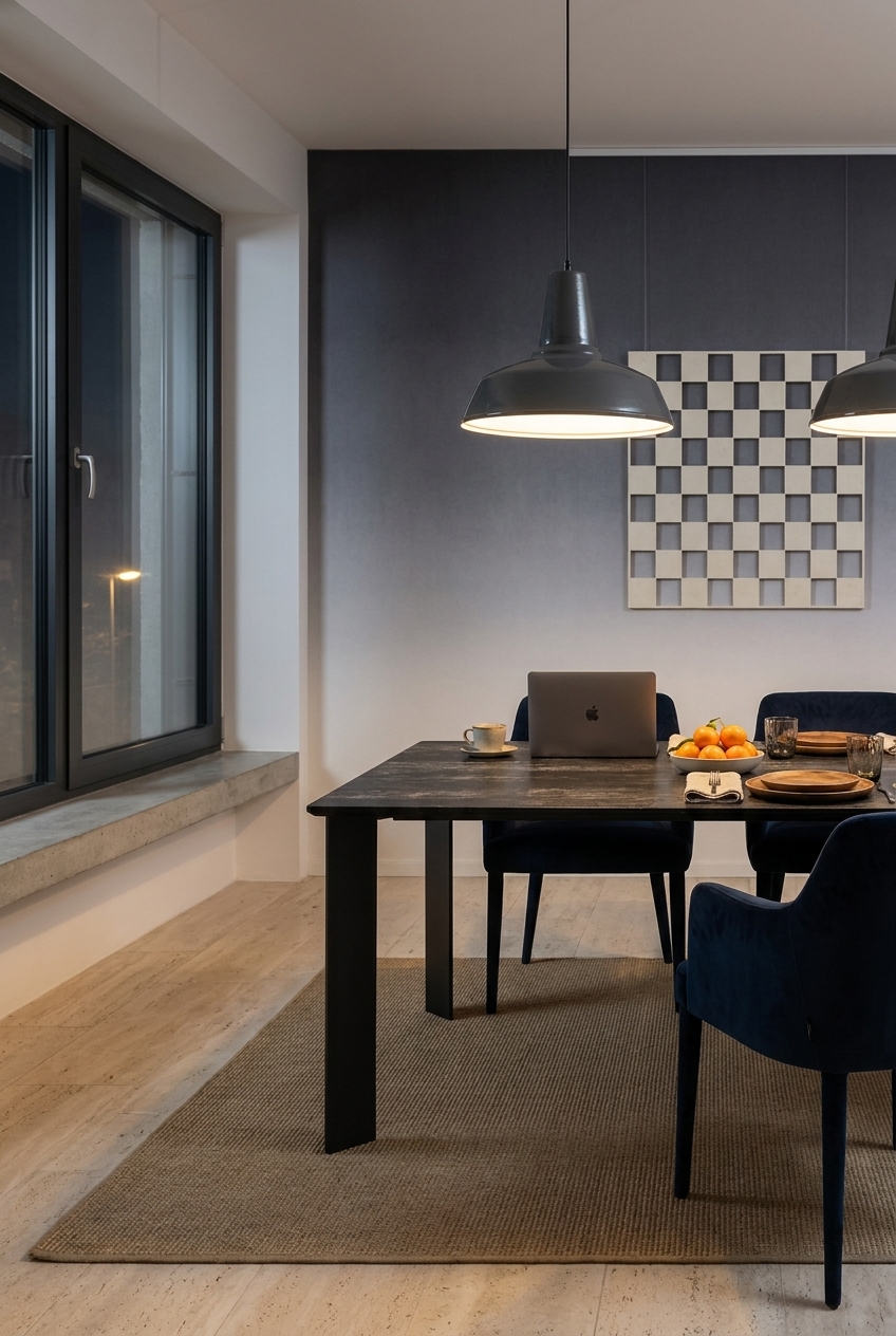 Esszimmer mit grauer Wand, dunklem Esstisch Modena Keramik und blauen Polsterstühlen