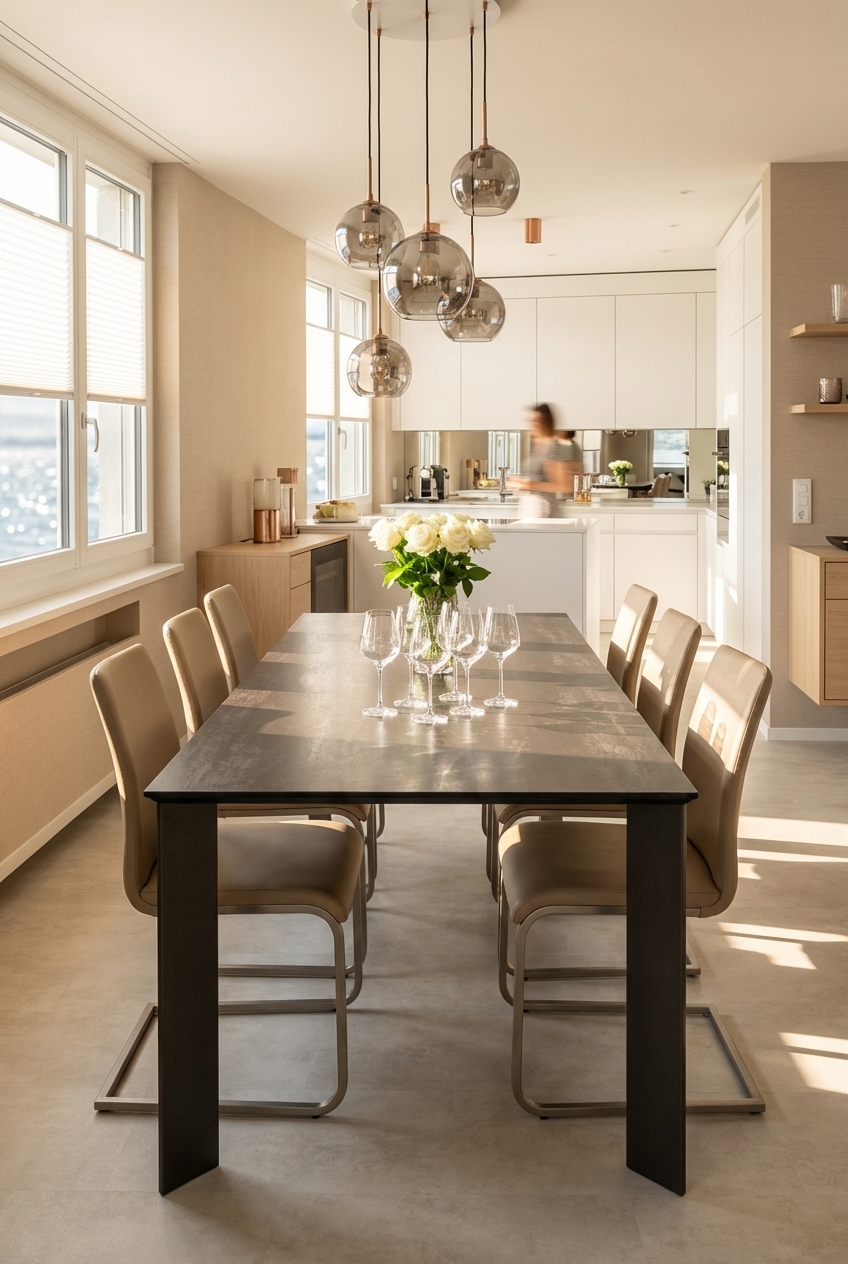 Esszimmer in Schwarz und Grau mit abgestimmtem Boden und Tisch, der Esstisch Modena Keramik ergänzt den Look.