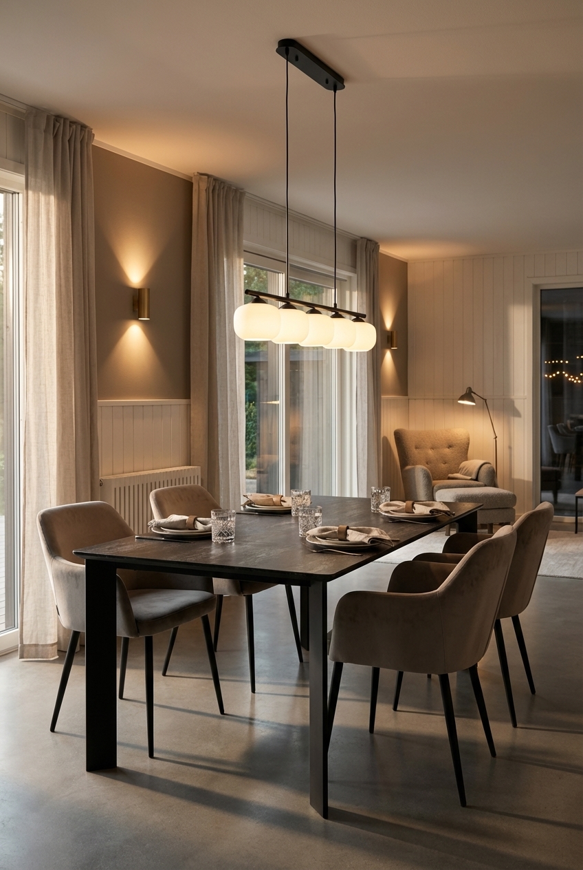 Helle Spots entlang der Decke schaffen ein gleichmäßiges Licht im Essbereich.