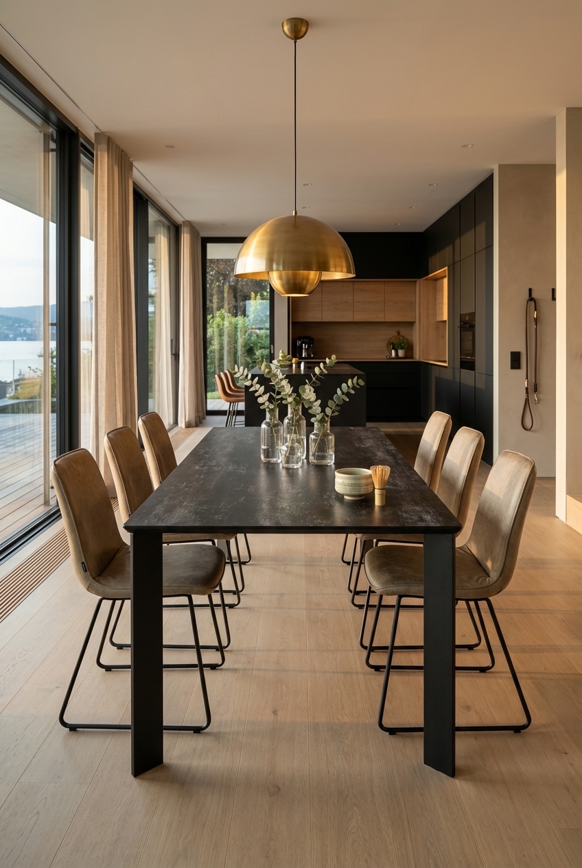 Goldene Pendelleuchte über dem Esstisch Modena Keramik schafft einen warmen Blickfang