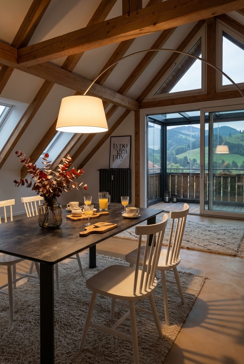 Essplatz unter Dachschräge mit großem Glasfront und Esstisch Modena Keramik