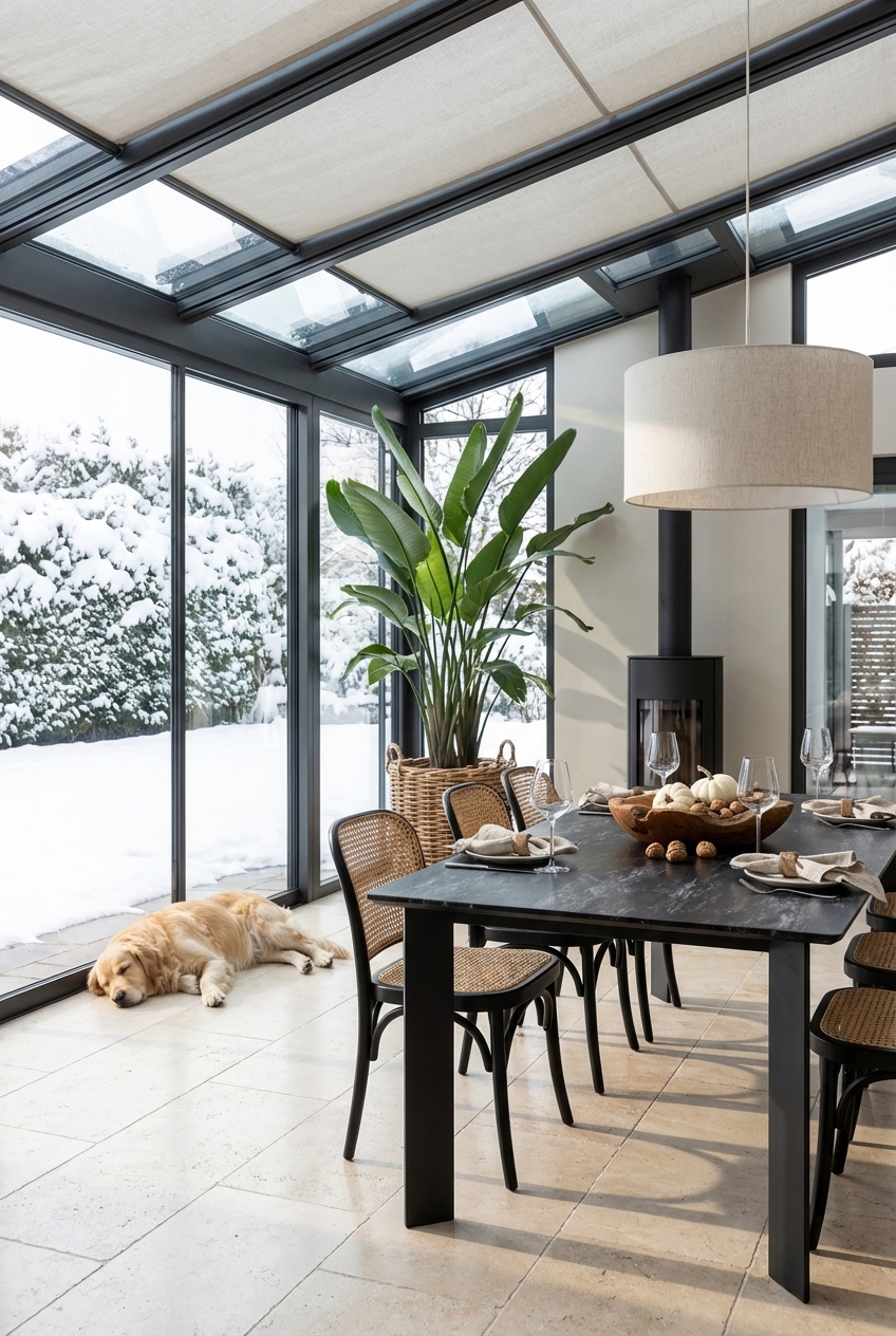 Textile Rollos steuern das Licht im Wintergarten und betonen den Esstisch Modena Keramik