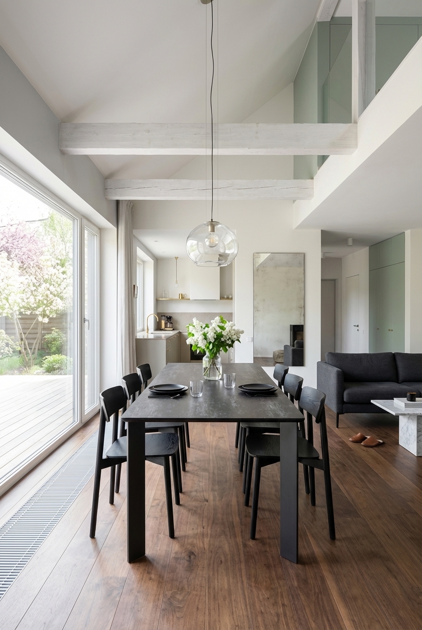 Esszimmer mit weißen Deckenbalken, dem ausziehbaren Esstisch Modena Keramik und schwarzen Holzstühlen