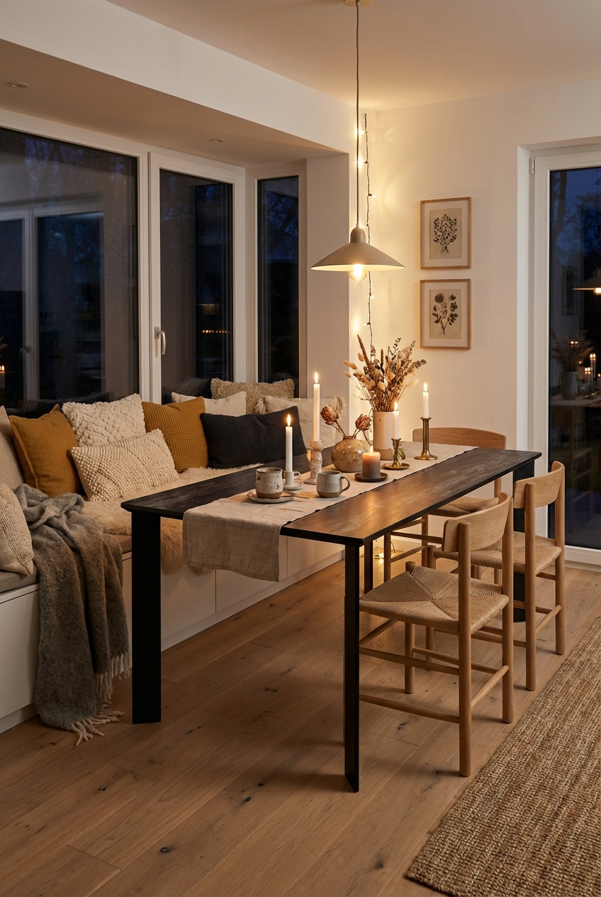 Esszimmer mit zentral hängender Pendelleuchte über einem Keramiktisch Modena für gleichmäßige Ausleuchtung