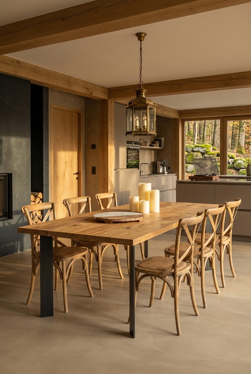 Essplatz neben einem Kamin mit einem Esstisch aus Wildeiche, der Wärme und Gemütlichkeit ausstrahlt