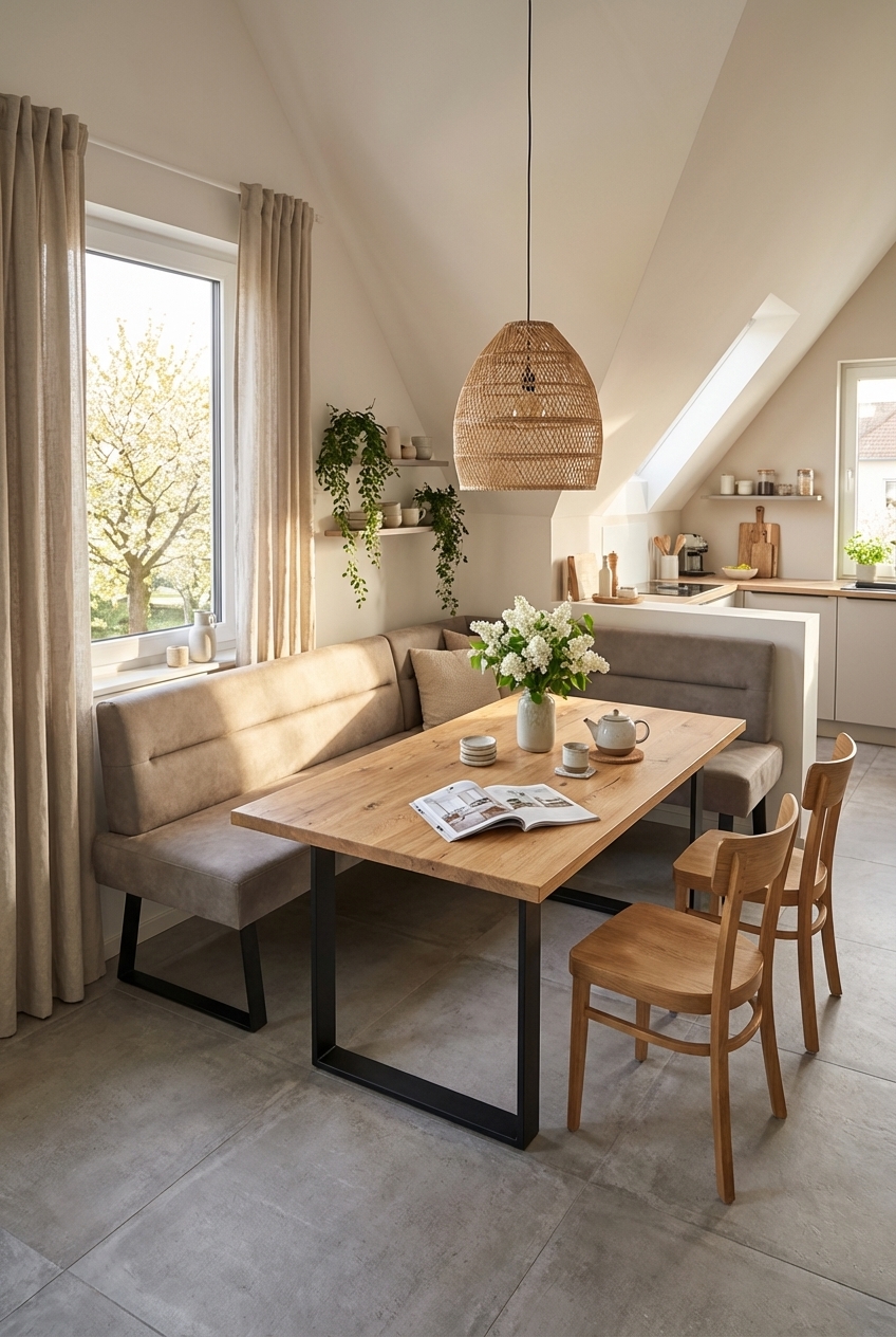 Eckbank neben offener Küche, verbunden durch Esstisch Modena aus Wildeiche