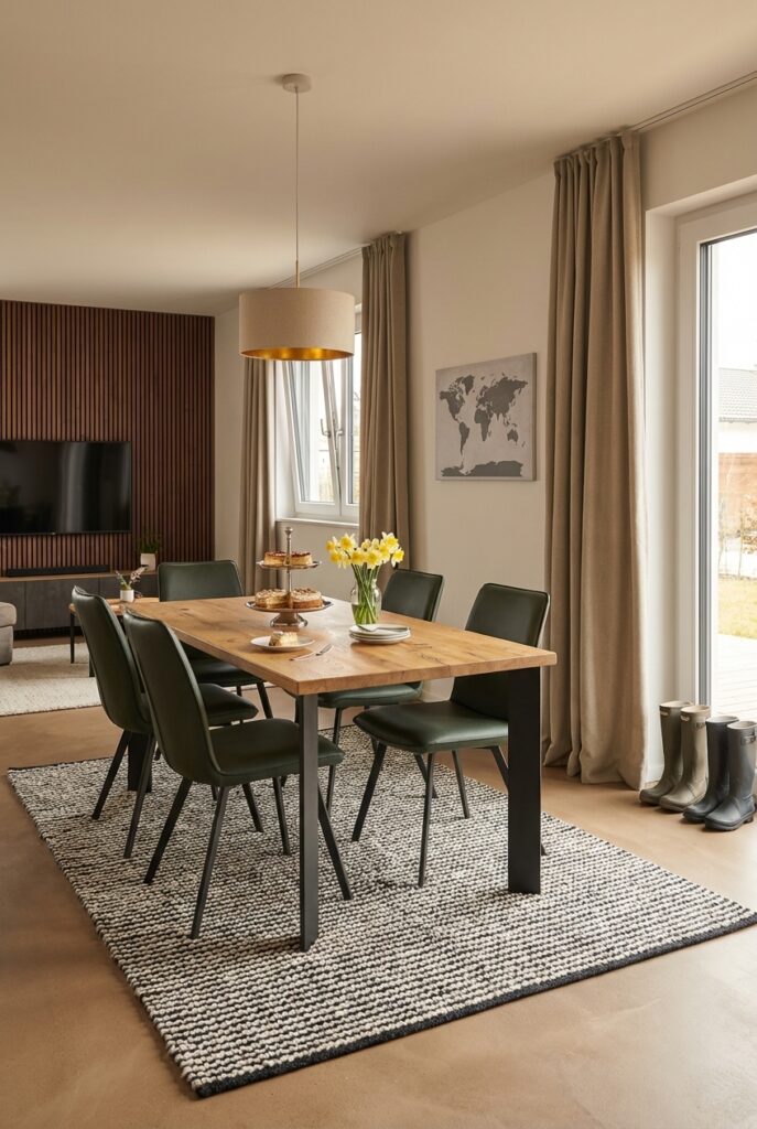 Esszimmer mit Holzpaneelwand, langen Vorhängen und Esstisch Modena aus Wildeiche