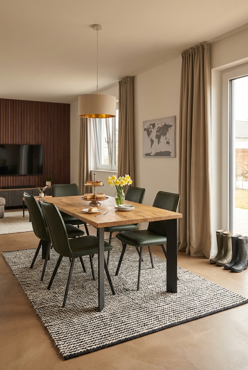 Esszimmer mit Holzpaneelwand, langen Vorhängen und Esstisch Modena aus Wildeiche