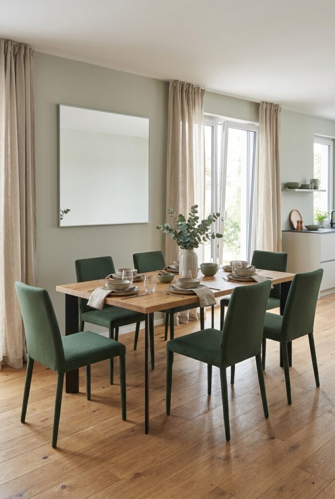 Beige Keramik und grüne Stühle harmonieren auf einem Esszimmertisch aus Wildeiche