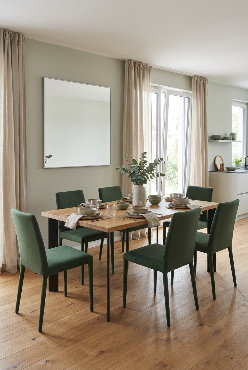 Beige Keramik und grüne Stühle harmonieren auf einem Esszimmertisch aus Wildeiche