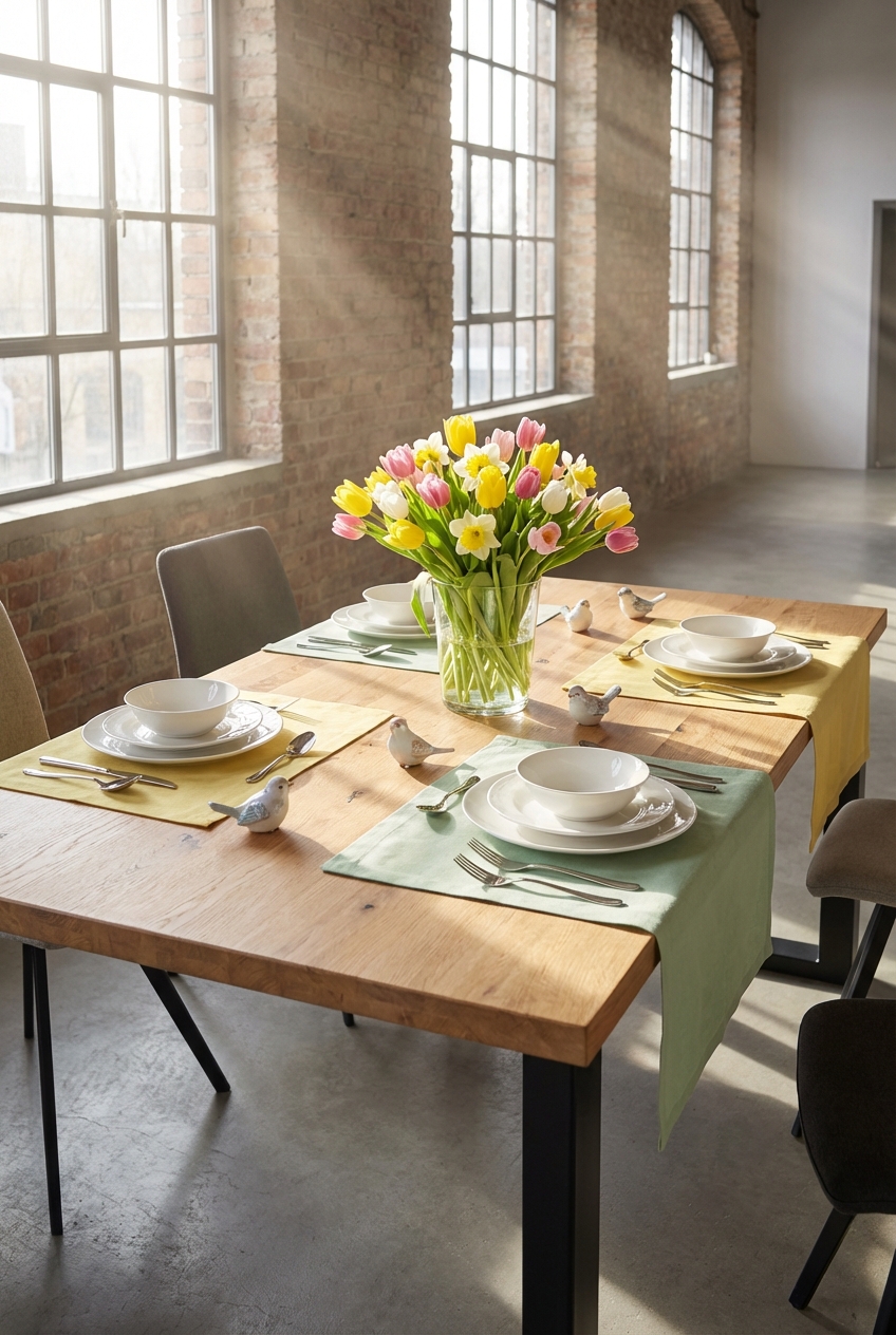 Platzsets in zartgelb und mintgrün auf dem Esstisch Modena aus Wildeiche