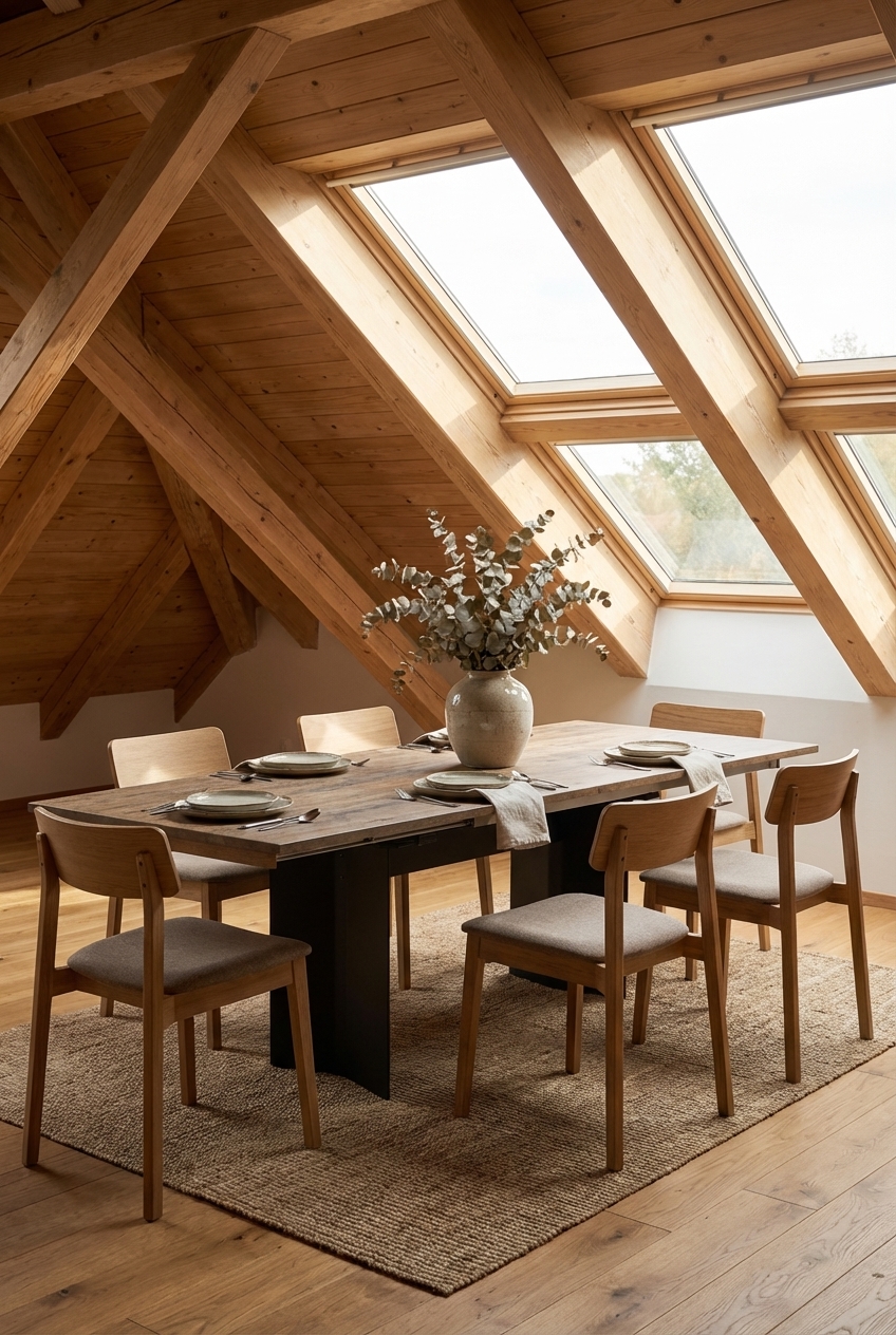 Esstisch Morino aus Wildnussbaum unter Dachfenstern, die Tageslicht ins Esszimmer bringen