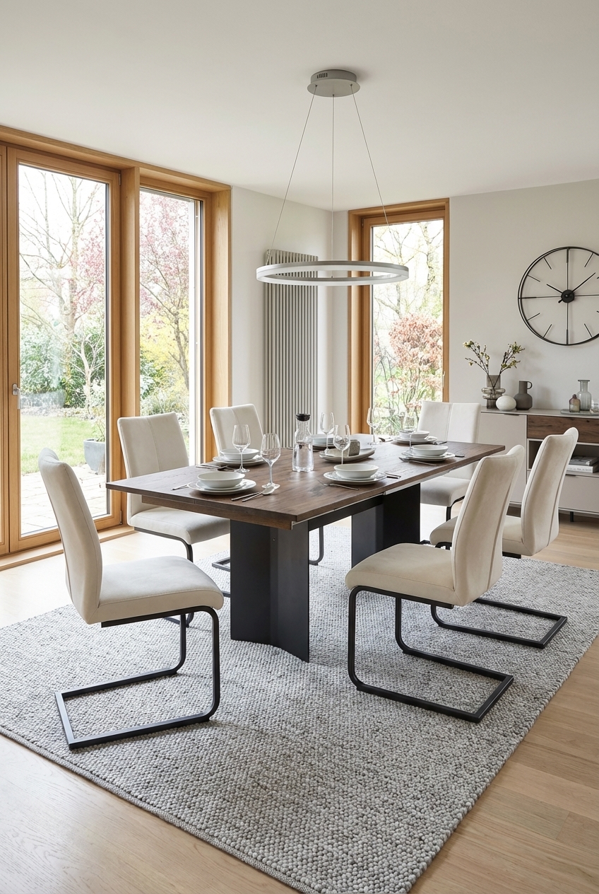 Runder Teppich in gedecktem Grau, der die Form einer Pendelleuchte aufnimmt und den Essplatz harmonisch ergänzt