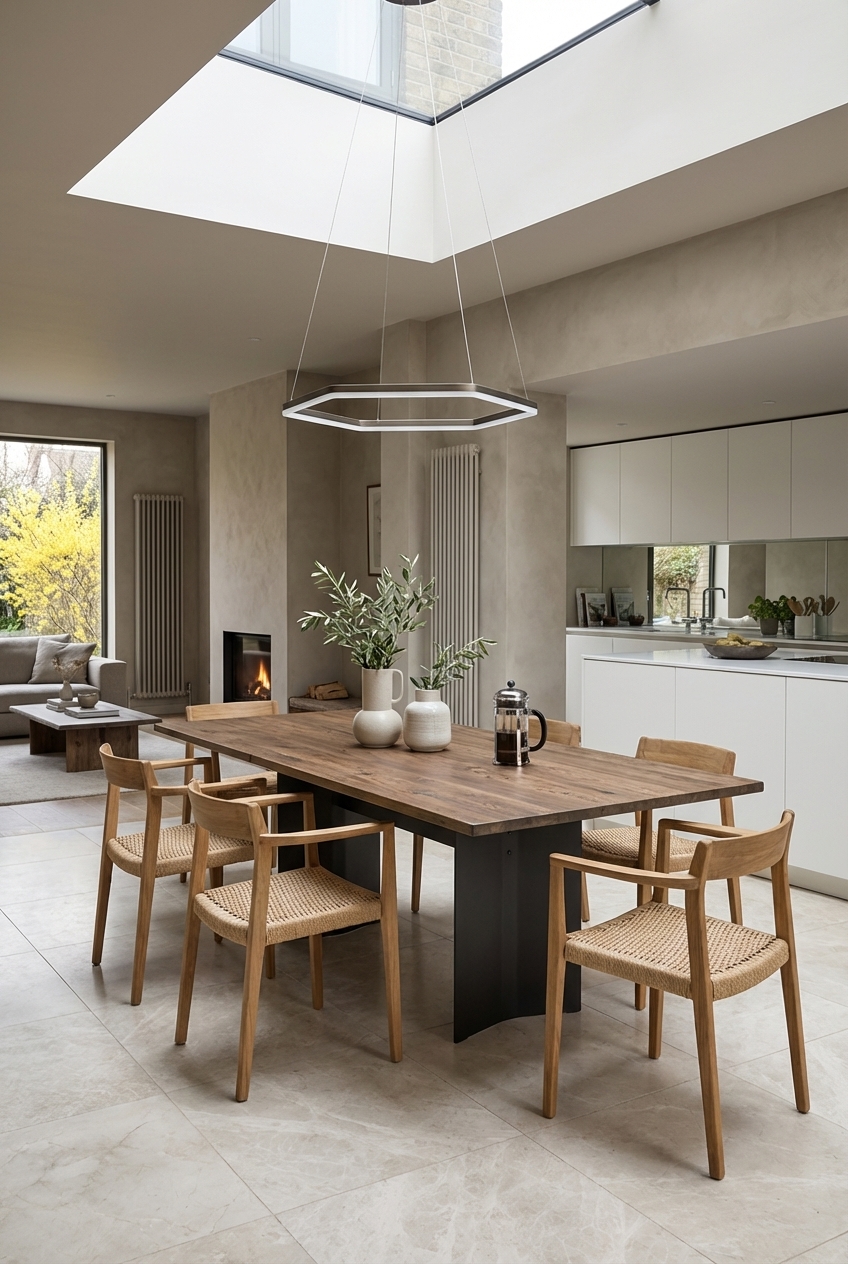Esszimmer mit Esstisch Morino aus Wildnussbaum, beleuchtet durch ein Oberlicht