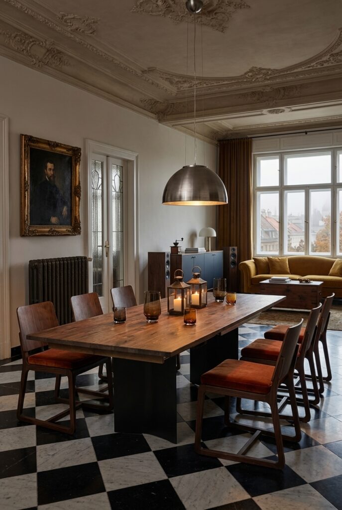 Esszimmer mit schwarz-weißem Schachbrettboden und Esstisch Morino aus Wildnussbaum