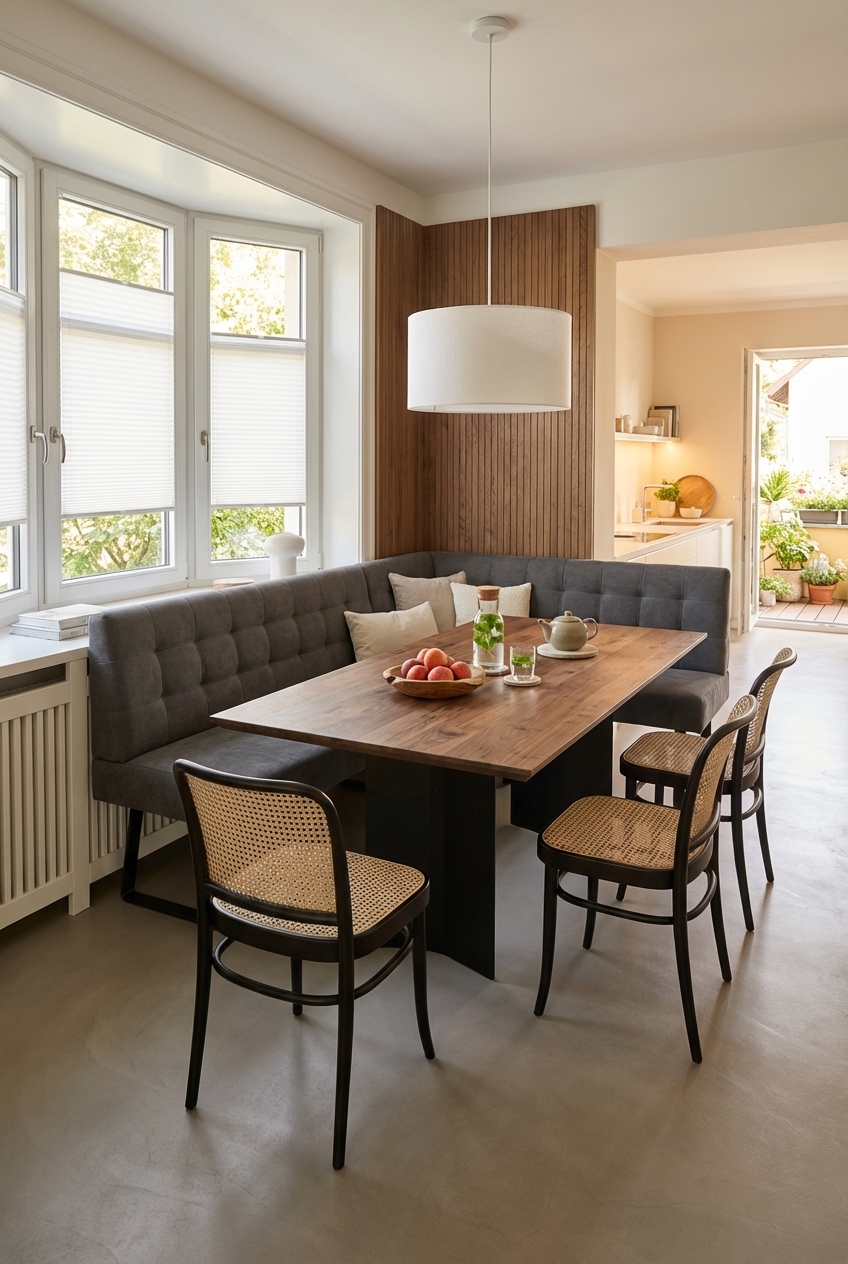 Esszimmer mit Eckbank und Wiener Geflechtstühlen, die den Massivholztisch Morino ergänzen