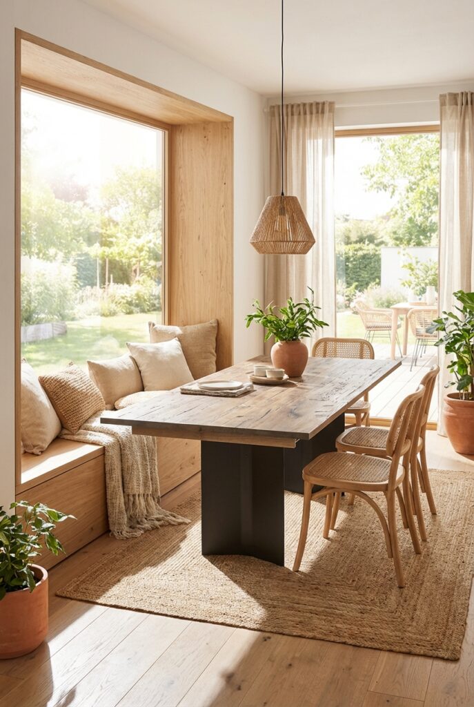 Esszimmer mit Sitzfenster und harmonischer Holzverkleidung in Wildnussbaum