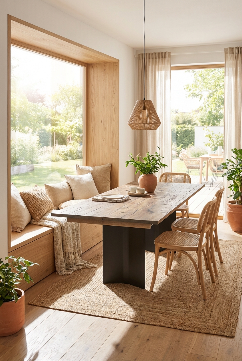 Esszimmer mit Sitzfenster und harmonischer Holzverkleidung in Wildnussbaum