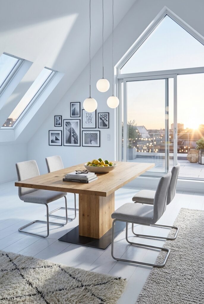 Esstisch Muzzano aus Wildeiche mit grauen Freischwingern vor einer hohen Glasfront zum Balkon.