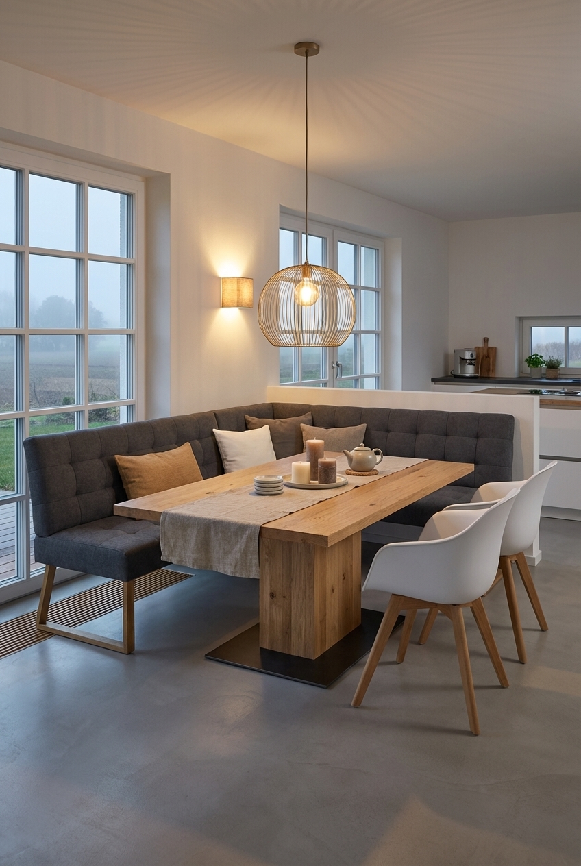 Massiver Esstisch Muzzano aus Wildeiche in einer gemütlichen Eckbank-Sitzgruppe.