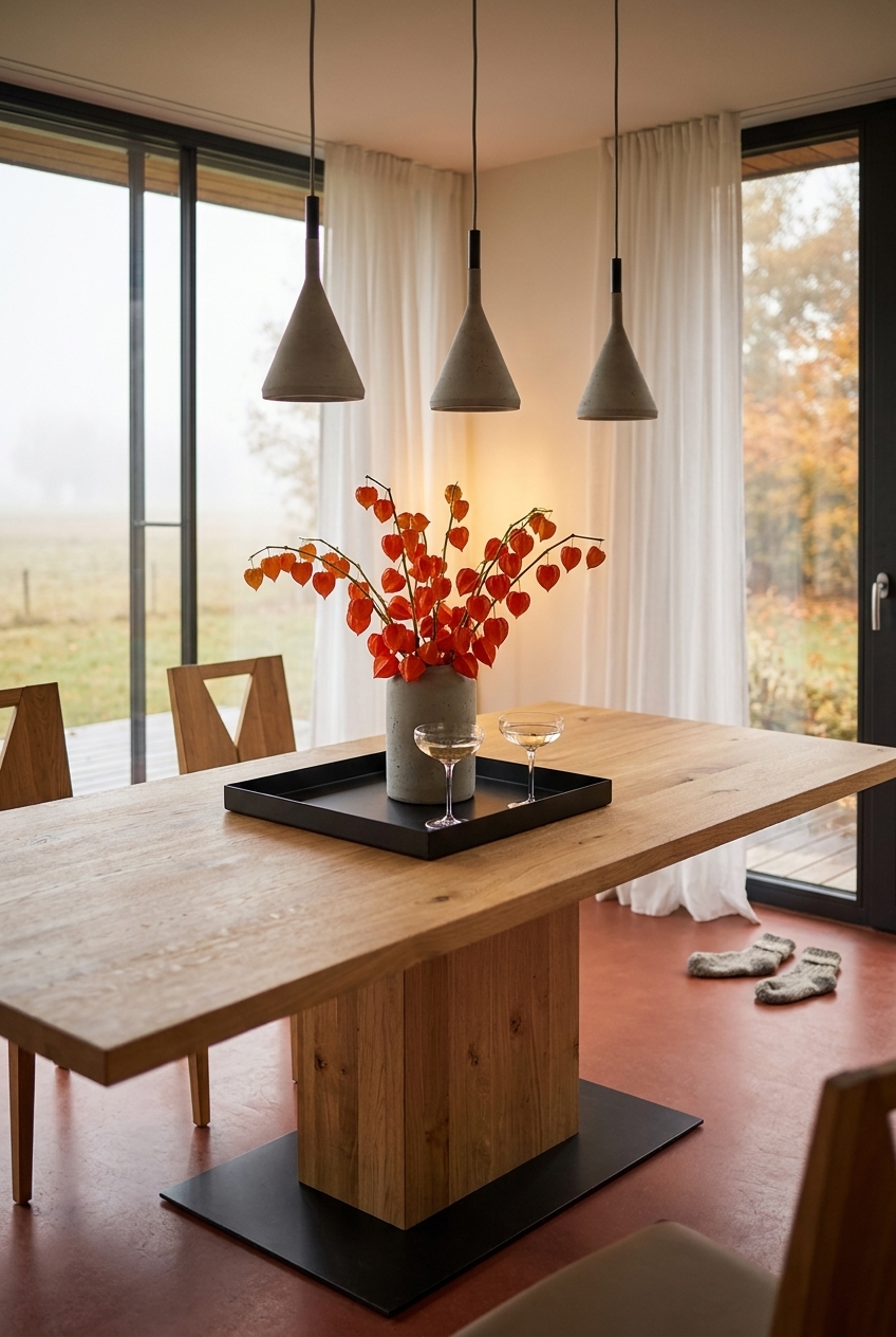 Orangefarbene Physalis in grauer Vase mit zwei Gläsern auf schwarzem Tablett auf Esstisch Muzzano